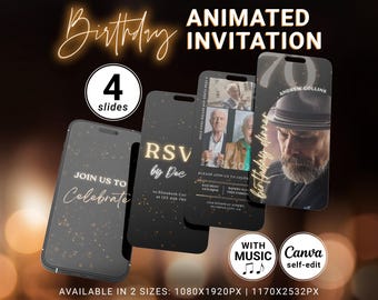 70th Birthday Dinner Invitation, Editable Photos and Music Animated Black and Gold Bday Invite for Seventy Year Celebration, Canva DIY G01