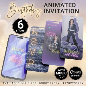 90s Birthday Party Video Invite, Back to the 1990s Bday Digital Invitation, Throwback Celebration Custom Photos & Music, CANVA Mobile Evite
