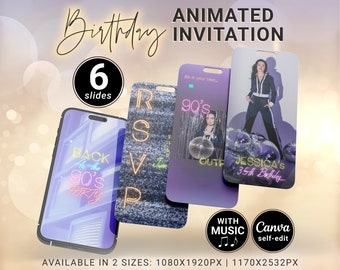 Invitación en video para fiesta de cumpleaños de los 90, con foto personalizada de los 90 (Descarga digital de Canva)