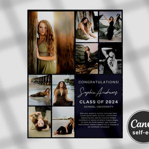 Puede incluir: Un anuncio de graduación con un collage de fotos de una joven en varias poses. El anuncio está decorado con un patrón de estrellas blanco y negro y presenta el texto "¡Felicidades! Sophie Andrewes Clase de 2024 Universidad de la escuela".