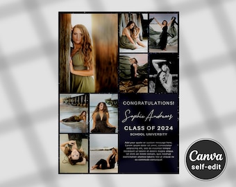Könnte beinhalten: Eine Graduation-Ankündigung mit einer Collage von Fotos einer jungen Frau in verschiedenen Posen. Die Ankündigung ist mit einem schwarz-weißen Sternenmuster verziert und enthält den Text "Herzlichen Glückwunsch! Sophie Andrewes Klasse von 2024 School University".