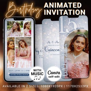 15th Birthday Invitation with Picture, Silver Glitter Animation Editable Mis Quince Custom Photo Invite for Quinceañera Party, Canva Evite