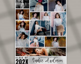 May include: A collage-style graduation announcement featuring multiple photos of a person in various poses. The text "Class of 202X" and "Sophie Andrews" are prominently displayed, along with the word "Congratulations!"