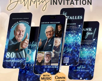 Invitación de cumpleaños para hombre en español, celebrando 80 años, invitación móvil animada con purpurina azul para él, imágenes editables, música, Canva Digital