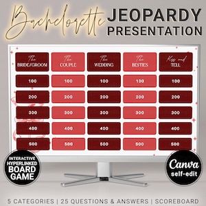Plantilla de Jeopardy para despedidas de soltera en Canva, juegos de preguntas y respuestas editables para despedidas de soltera con respuestas con hipervínculos, ideas para descargar para despedidas de soltera.