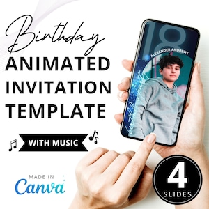 18th Birthday Invitation for Him, Boys Bday Animated Video Invite Editable Photos, Number 18 Neon Font Blue Evite Canva Digital Downloads
