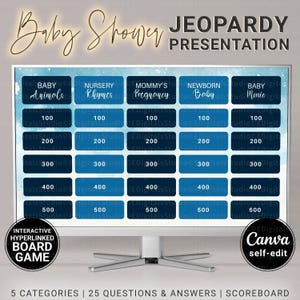 Baby Shower Jeopardy, Starry Night Sky Editable Q&A for Baby Shower Fun Games, 50+ Slides Trivia Quiz Templates Hyperlinked Answers, CANVA