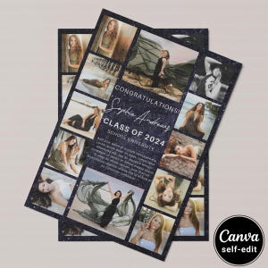 May include: A graduation announcement card featuring a dark blue starry background with multiple photo frames. The text reads CONGRATULATIONS! Sophie Andrews CLASS OF 2024 SCHOOL UNIVERSITY, followed by placeholder text. A Canva self-edit logo is visible.