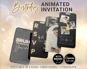 May include: Animated birthday invitation template with a black background and gold glitter. The invitation features a photo of a young man and the text "You're invited to a party" with the date, time, and location. The invitation is available in two sizes: 1080x1920px and 1170x2532px.