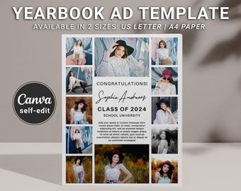 Yearbook Ad Full Page Elementary | Photo Collage Graduation Announcement Editable Template Canva Digital Download Grad Tribute Ads Page