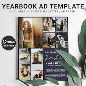 Puede incluir: Una plantilla de anuncio de anuario en blanco y negro con un collage de fotos de una joven. El texto dice "CONGRATULATIONS Sophie Andre CLASS OF SCHOOL UNIVERSITY".