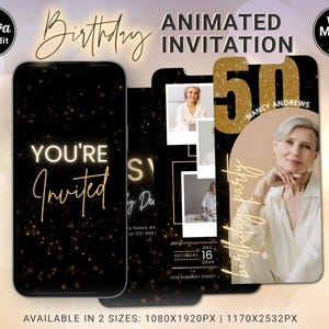 50 Years Birthday Invitation Women, Fabulous Fifty Arch Photo Editable Digital Video Invite Canva Template with Music, Mobile Text Evite DIY