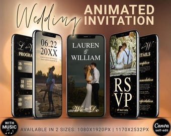 Digital Wedding Invitations Trackable, Editable Black and Gold Ceremony Details and RSVP Animated Photo and Music Mobile Templates Canva G01