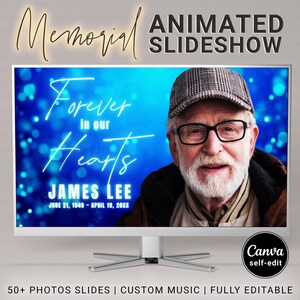 Memorial Slideshow Template Canva, Animated Neon Blue Effects for His Funeral Celebration of Life Photos Show with Music, DIY Tribute Video