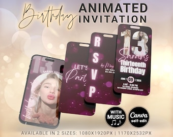 13th Birthday Invitation Animated, Editable Pink Glitter Particles Theme Birthday Let's Party Mobile Invite with Music, Canva Video Evite