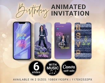 Invitación de video de cumpleaños retro de los 90, fiesta animada de Evite (descarga de CANVA)