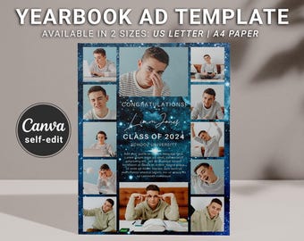 Senior Yearbook Ad for Boys, Editable Yearbook AD Template Self Edit Canva Full Page Custom 12 Photos Layout Minimalist Graduate Dedication
