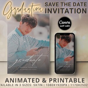 Online Grad Party Invites, Printable and Video Animated Graduation Invitation Editable Photo Templates with Music, Modern Text Message Evite