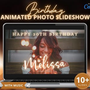 May include: A laptop displays a birthday slideshow with the text "Happy 30th Birthday" and "Melissa". The slideshow includes the text "Animated Photo Slideshow" and "With Music". The image has a warm, celebratory feel with bokeh lights.