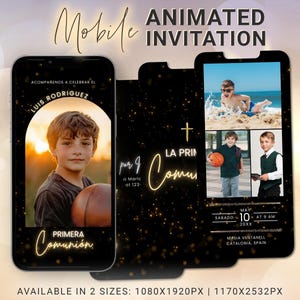 Primera Comunion Invitation Espanol, Editable Catholic First Holy Communion Spanish Digital Invite, Animated Black & Gold Mobile Evite Canva