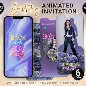 Back to the 90s Digital Party Invite, Editable Retro Neon Birthday Custom Photos and Music Invitation, Cassete Animated Video Evite, Canva