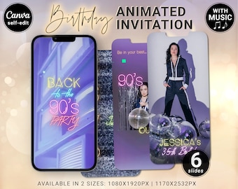 Back to the 90s Digital Party Invite, Editable Retro Neon Birthday Custom Photos and Music Invitation, Cassete Animated Video Evite, Canva
