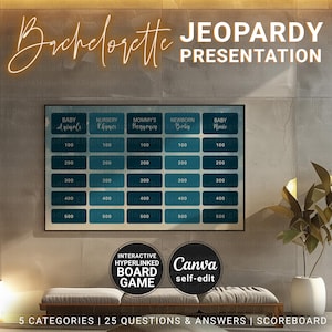 Custom Baby Shower Jeopardy Game Template, Interactive Baby Trivia Question and Answer 5 Categories Presentation Slides Dreamy Theme Canva