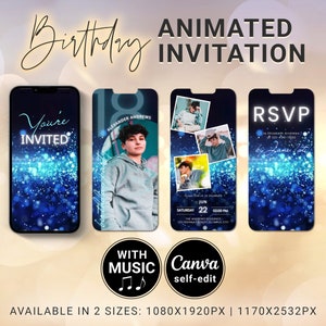 18 Birthday Invitation for Boys, Animated Sparkle Blue Neon Bday Video Invite Template, His Custom Photos Canva Evite for Mobile Phone Text