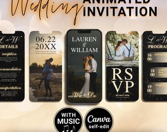 May include: An animated wedding invitation template set displayed on five smartphone screens. The designs feature black backgrounds with gold text, including details, dates, names Lauren and William, RSVP, and programme schedules with photos of couples.