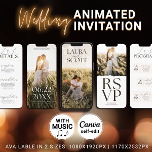 Minimalistische bruiloft digitale uitnodiging muziek, ceremonie geanimeerde uitnodiging aangepaste foto's en teksten video met RSVP en details, canva DIY download
