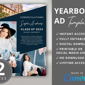 Abschluss Jahrbuch Anzeige, Senior Grad High School ganzseitige Fotocollage bearbeitbare Ankündigungsvorlage, selbst bearbeitet in Canva