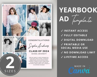 Clean Minimalist Yearbook Ad Template, Senior Graduate Layout Editable in Canva, Year Book Full Page 9-Photos Printable for High School Grad