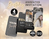 Editable Birthday Dinner Digital Invitation, Gold Dust Shower Animated Evite with Photos and Music,  Canva Mobile Video Invite Text Template