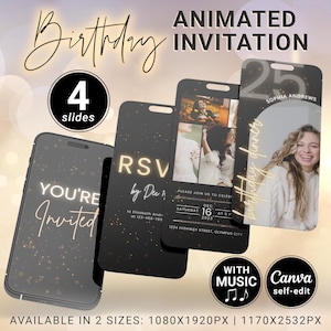 Editable Birthday Dinner Digital Invitation, Gold Dust Shower Animated Evite with Photos and Music,  Canva Mobile Video Invite Text Template