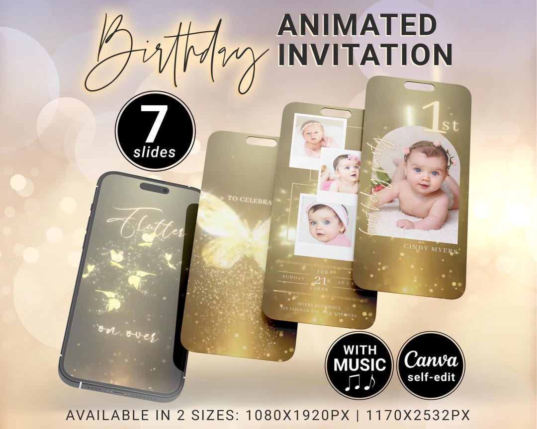 Butterfly Invitation With Picture, Animated Flutter Glitter 1st ...