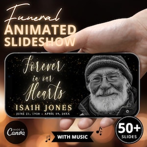 Funeral Photo Slideshow, Animated Gold In Loving Memory Tribute Video with Editable Photos and Music, Custom 50+ Slides Memorial Canva DIY
