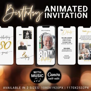 May include: Animated birthday invitation design featuring a gold script "Birthday" and "Animated Invitation" text. The invitation includes a photo of a man, event details, and the text "Celebrating 80 years". Available in two sizes.
