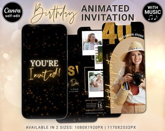 40th Birthday Invitation for Women with Picture, Cheers to 40 Years Bday Party Animated Gold Glitter Invite with Custom Music, Canva Evite