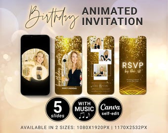 50th Birthday Invitation Message, Animated Video Golden Bday Invite CANVA Template with Music and Photos, Customize Your Own Digital