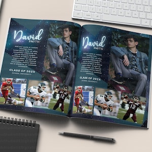 Jahrbuch-Anzeige für Jungen, Klasse von 2025 Bearbeitbare ganzseitige Abschluss-Ankündigungsvorlage, Galactic Stars Tribute-Fotos, die Guy Canva abschließen