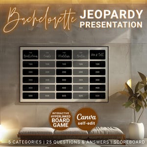 Sjabloon vrijgezellenfeest Canva, 50+ bewerkbare spelvragen en antwoorden met hyperlinks, aangepaste presentatiedia&#39;s met vraag en antwoord