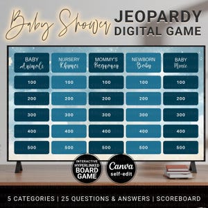 Baby Shower Jeopardy Virtual, Editable Q&A for Baby Shower Trivia Quiz Templates, 50+ Fun Interactive Slides Hyperlinked Answers, CANVA DIY