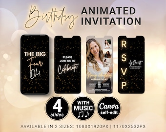Animierte Gold 40. Geburtstagseinladung mit Foto, Canva Vorlage (Digitaler Download)