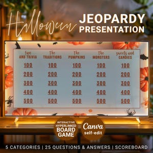 Jeopardy Game with Questions, Editable Q&A Orange Fall Halloween Party Fun Interactive Games Template, Canva Presentation Digital Download