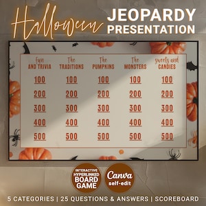 Jeopardy Game Board, Customizable Virtual Orange Halloween Party Canva Presentation Templates, PC Mac & iPad Compatible Fun Trivia Games DIY