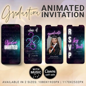 Save the Date Graduation Animated, Neon Colored Grad Party Invitation with Photo and Music, Class of 2025 Video Evite Announcement Canva DIY