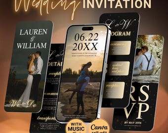 Black and Gold Animated Wedding Mobile Video Invitations Canva, Editable Bride Groom Photos and Music Digital Wedding Invite with RSVP, G01
