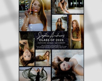 May include: A collage of graduation photos featuring a young woman in various poses. The photos are arranged in a grid pattern and have a black background with a glittery effect. The text "Sophie Andrews Class of 202X Harvard School University" is displayed in white lettering.