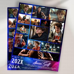 Ganzseitige bearbeitbare Jahrbuch-Anzeigenvorlage, benutzerdefinierte Fotos von Abschlussanzeigen für Jungen, Schulfotocollage-Nebula Ink Design Canva-Download