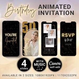 Cheers to 50 Years Birthday Invitation Women, Black and Gold 50th Animated Bday Party Invite Custom Photo Template, Fabulous Fifty Canva G01